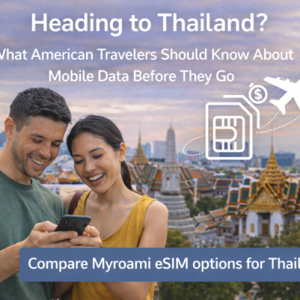 flyer with a couple looking at their phone with thailand in the background