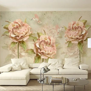 vintage pink floral wallpaper with couch in front