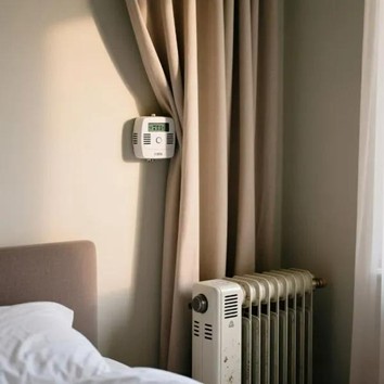 carbon monoxide alarm behind curtain near a bed
