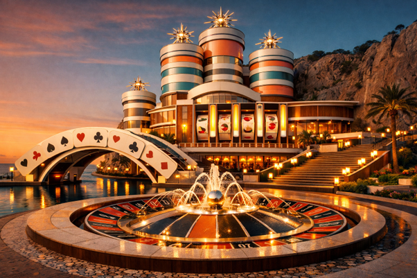 casino castle with a card bridge and roulette fountain
