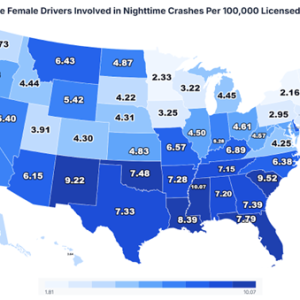 map of us showing average female drivers involed in night crashes