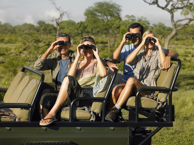 people looking through binoculars in a safari jeep