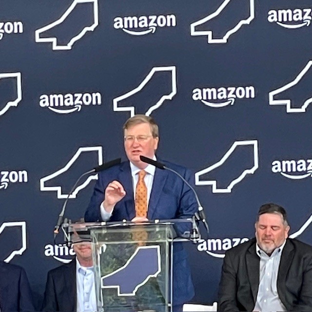 Governor Tate Reeves announces Amazon's $12 billion additional investment in Mississippi, including a $1 billion data center in Clinton, during an event in Ridgeland April 9.