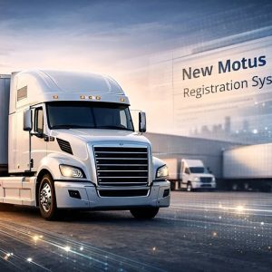truck on roadway with New Motus Registration System written on graphic