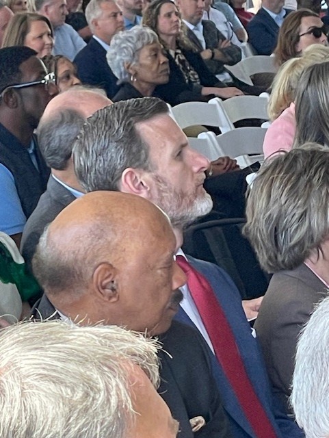 Randy BellMayor Will Purdie and Hinds County Board of Supervisors President Robert Graham listen as an Amazon data center project in Clinton is announced April 9 in Ridgeland.
