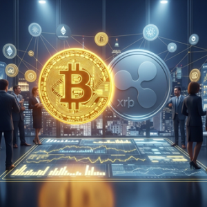 bitcoin hologram with people standing in a room