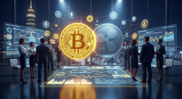 bitcoin hologram with people standing in a room