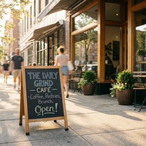 Café signboard with daily specials on a lively street.