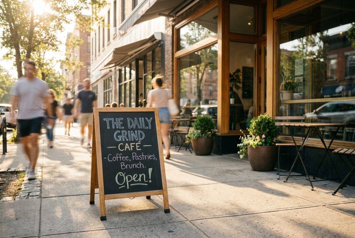 Café signboard with daily specials on a lively street.