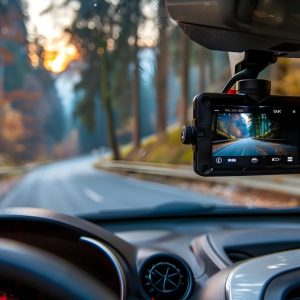 close up of inside of car looking at road with dash cam on window