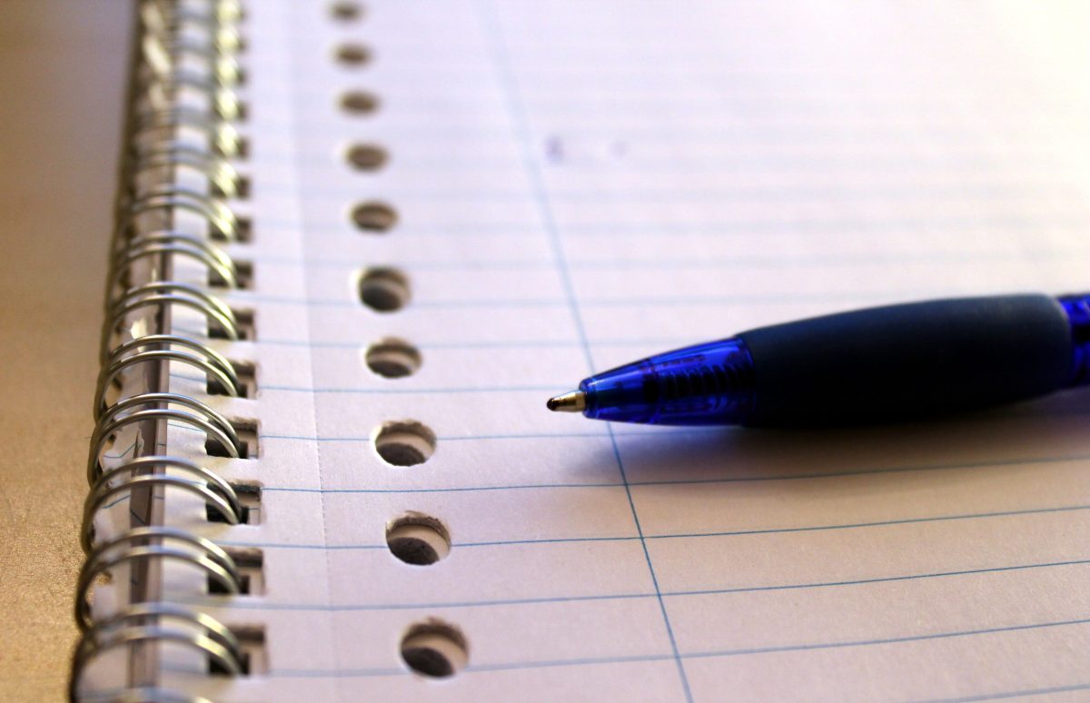 blue pen laying on an open notebook