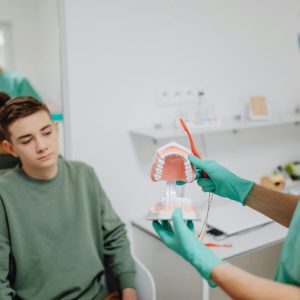 dentist holding a dental model showing a teen boy