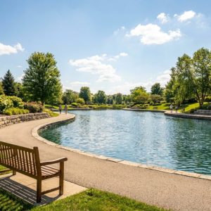 scenery around a bond with a bench and sidewalk