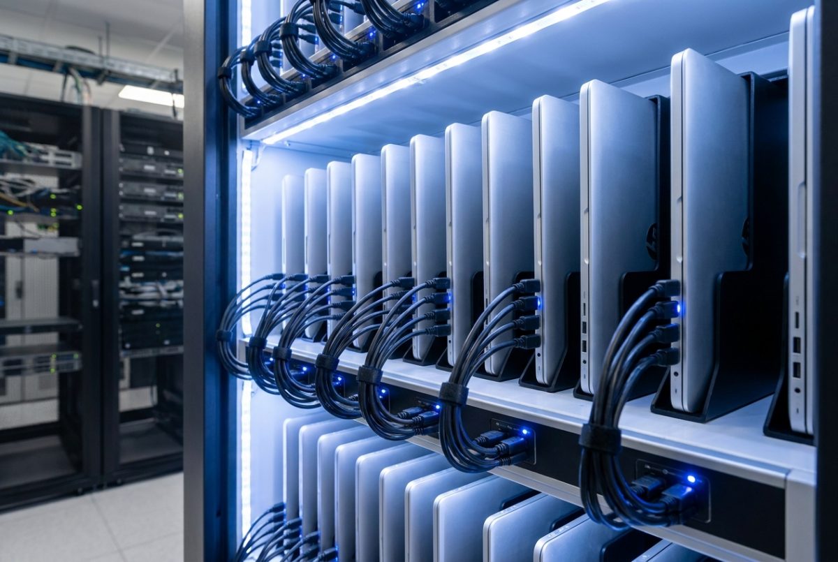 close up of laptops plugged in 