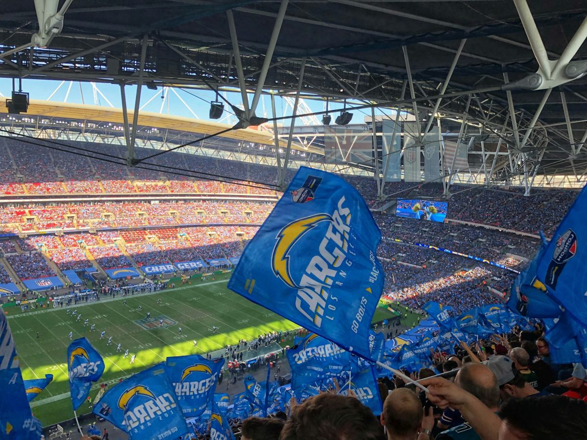 chargers nfl stadium with flags waving