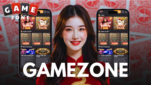 gamezone graphic with girl and phones showing casino games online