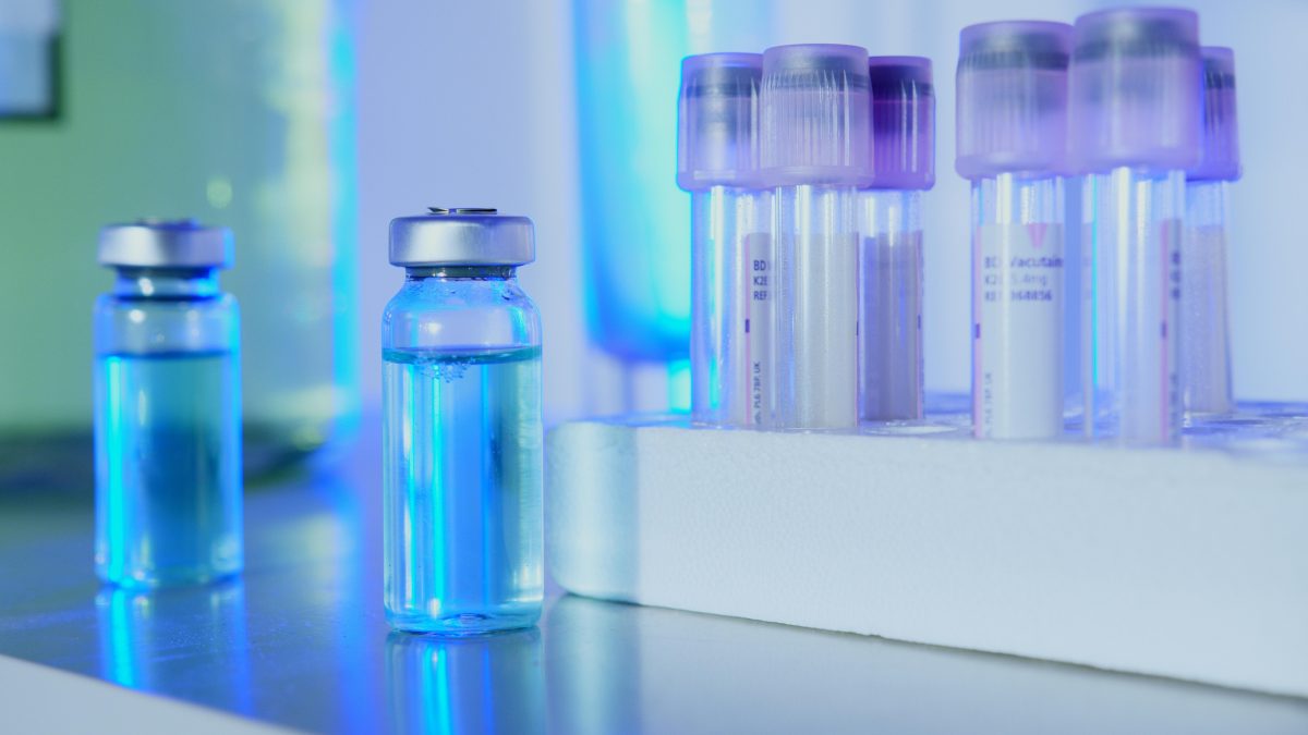 Glass vials with clear fluid, courtesy of Artem Podrez on Pexels