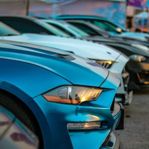 line of sports cars at a dealership