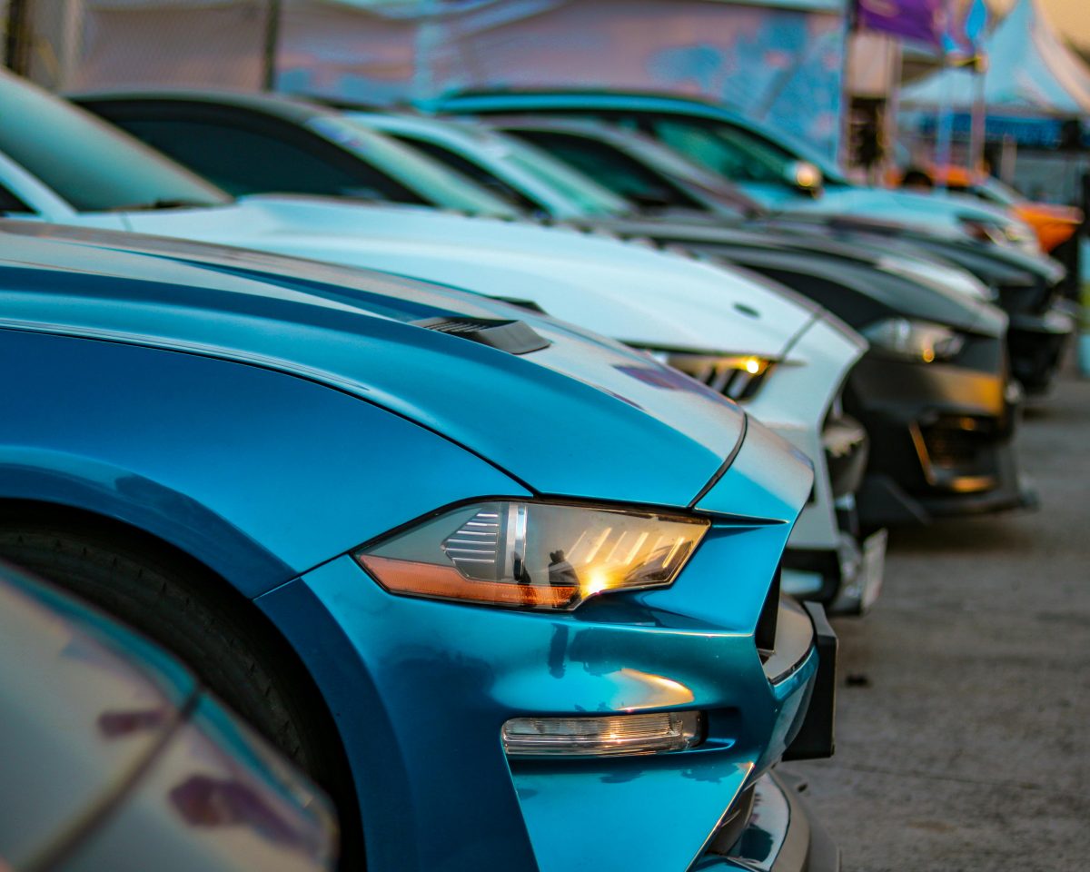 line of sports cars at a dealership