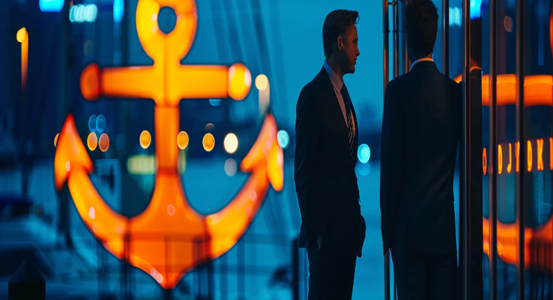 professionals talking with an anchor in the background