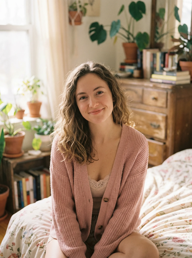 woman smiling at camera sitting on bed