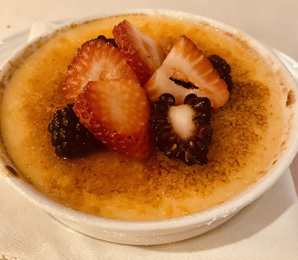 A decadent dessert of crème brulee topped by berries was the perfect ending to an amazing dinner at BR Prime Steakhouse.