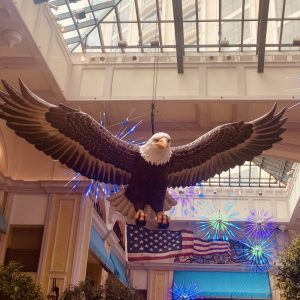 A majestic bald eagle hovers over the lobby and atrium at the Beau Rivage Resort and Casino in Biloxi; just one of the many patriotic symbols on display in advance of America’s 250th birthday on July 4.