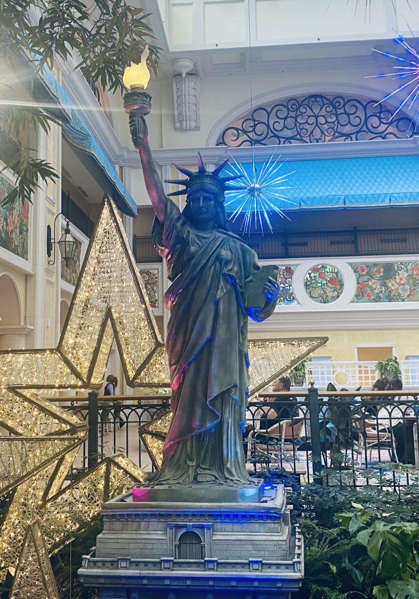 A replica of the Statue of Liberty, complete with a lighted torch, greets guests as they enter the lobby at the Beau Rivage, much like the original Lady Liberty greeted immigrants enroute to the U.S. in the previous centuries.