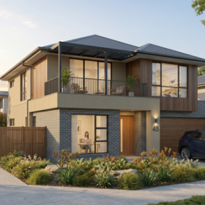 ai created house on the courner with car in driveway and bike on sidewalk