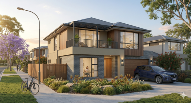 ai created house on the courner with car in driveway and bike on sidewalk