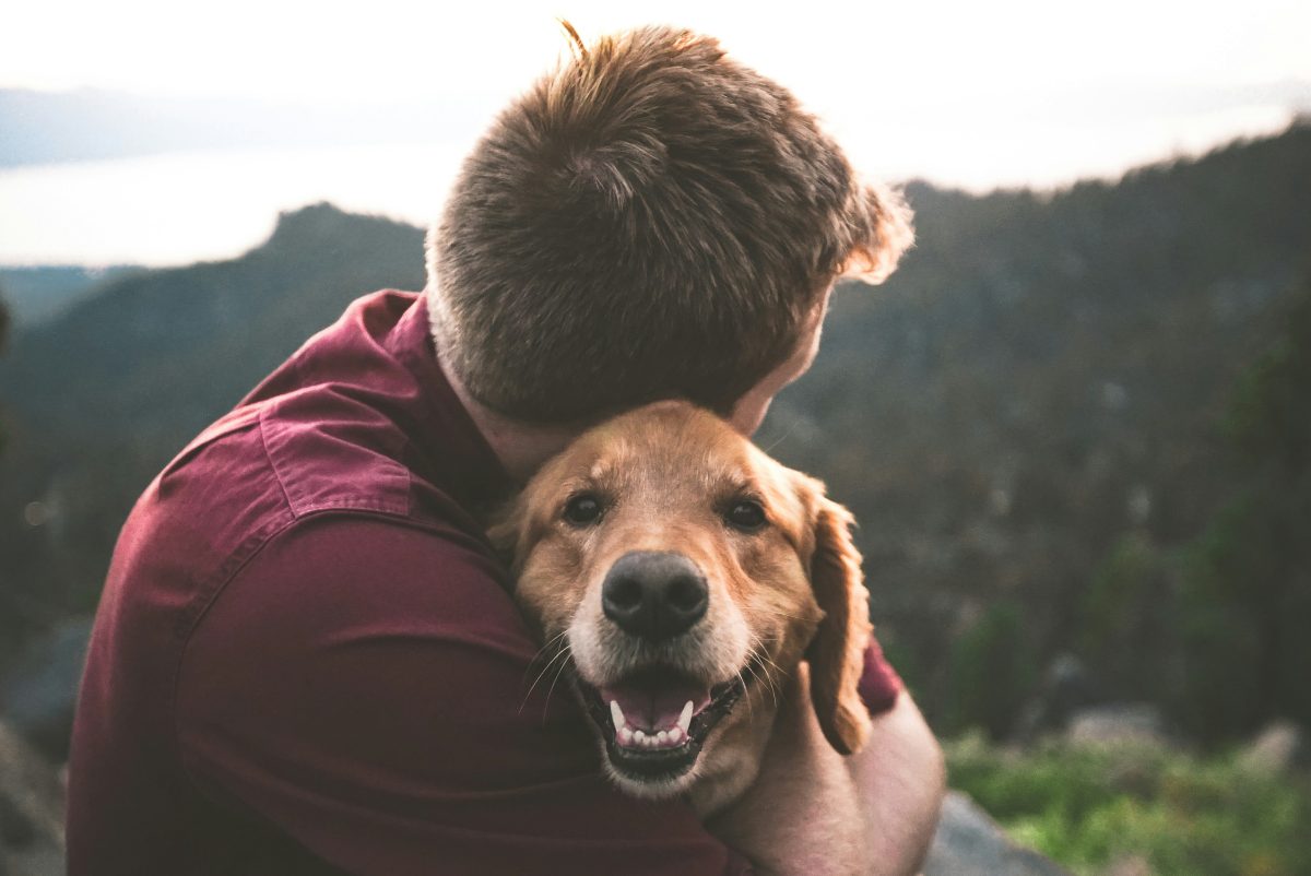 photo of man hugging a tan dog