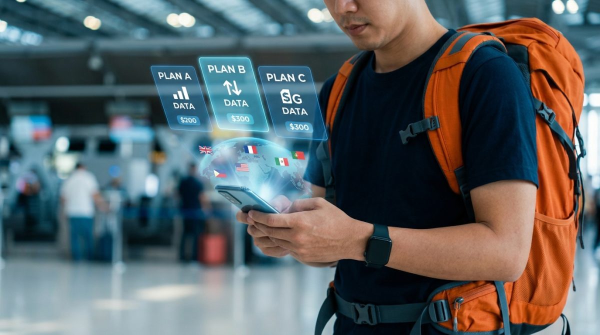man holding phone with a backpack