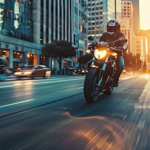man riding a motorcycle through city streets