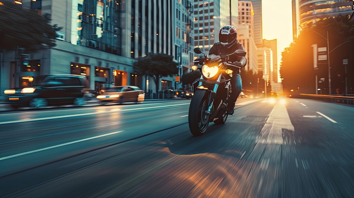 man riding a motorcycle through city streets