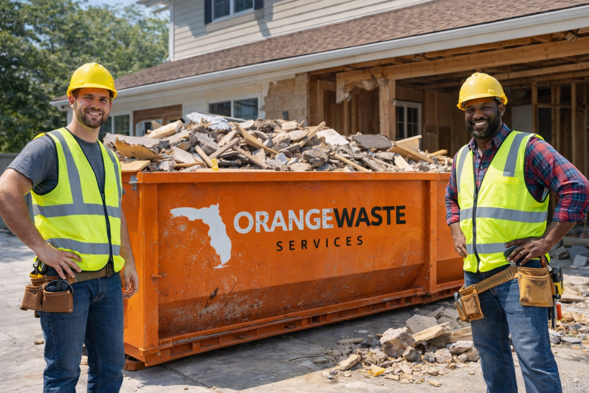 two dumpster workers standing near orange dumpster