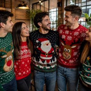 people dressed in ugly christmas sweaters