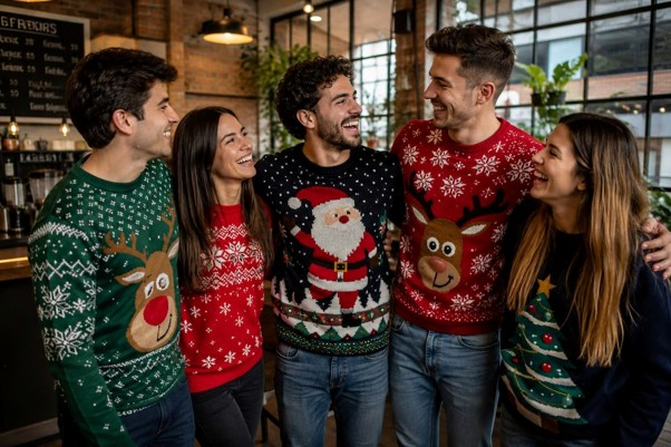 people dressed in ugly christmas sweaters