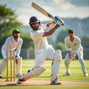 three cricket players on a field