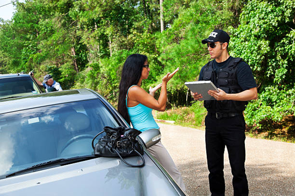 Crime: Policeman makes traffic stop. Woman explaining. Officer background. 