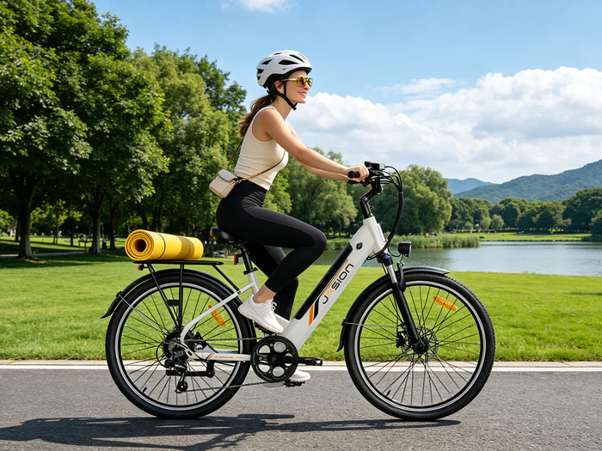 woman riding electric ebike