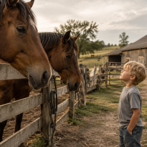 Boy and horses at the farm