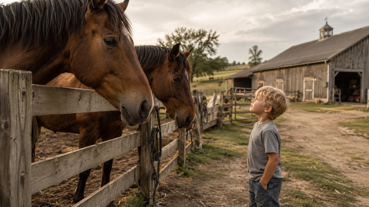 Boy and horses at the farm