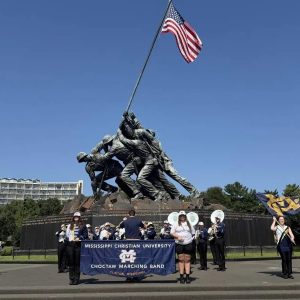 MC's Marching Band performs in front of the U.S. Marine Corps War Memorial in Arlington, Virginia.