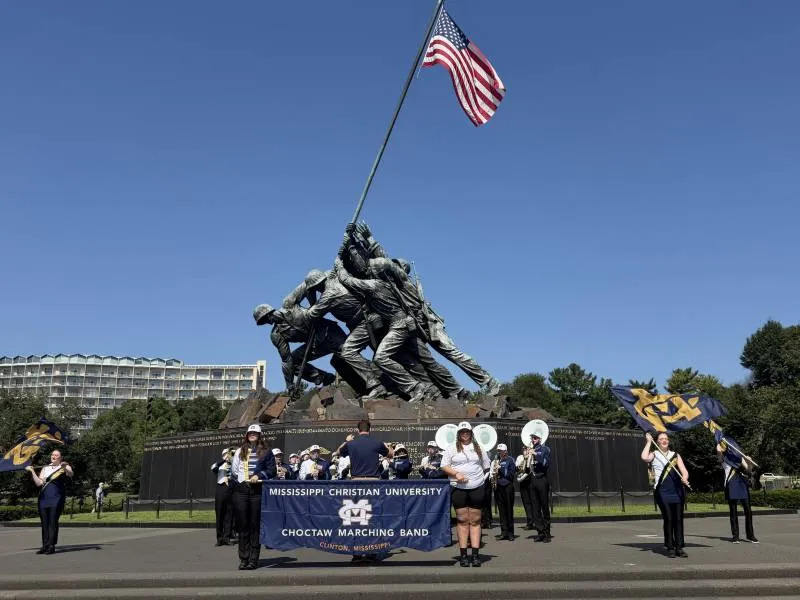 MC's Marching Band performs in front of the U.S. Marine Corps War Memorial in Arlington, Virginia.