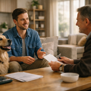 ai picture of man sitting with dog and professional at a coffee table