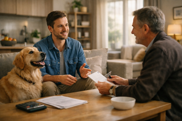 ai picture of man sitting with dog and professional at a coffee table