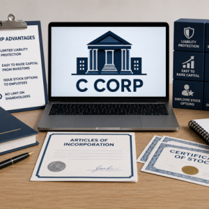 c corp written on a computer screen with papers and book laying on a table