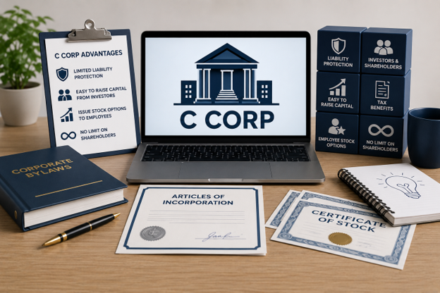 c corp written on a computer screen with papers and book laying on a table