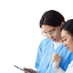 doctors looking at ipad with white background