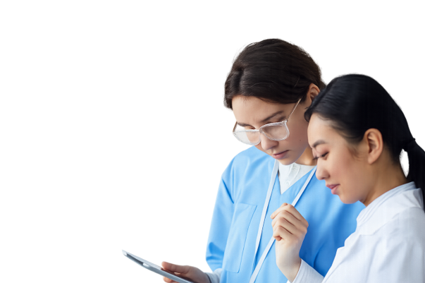 doctors looking at ipad with white background